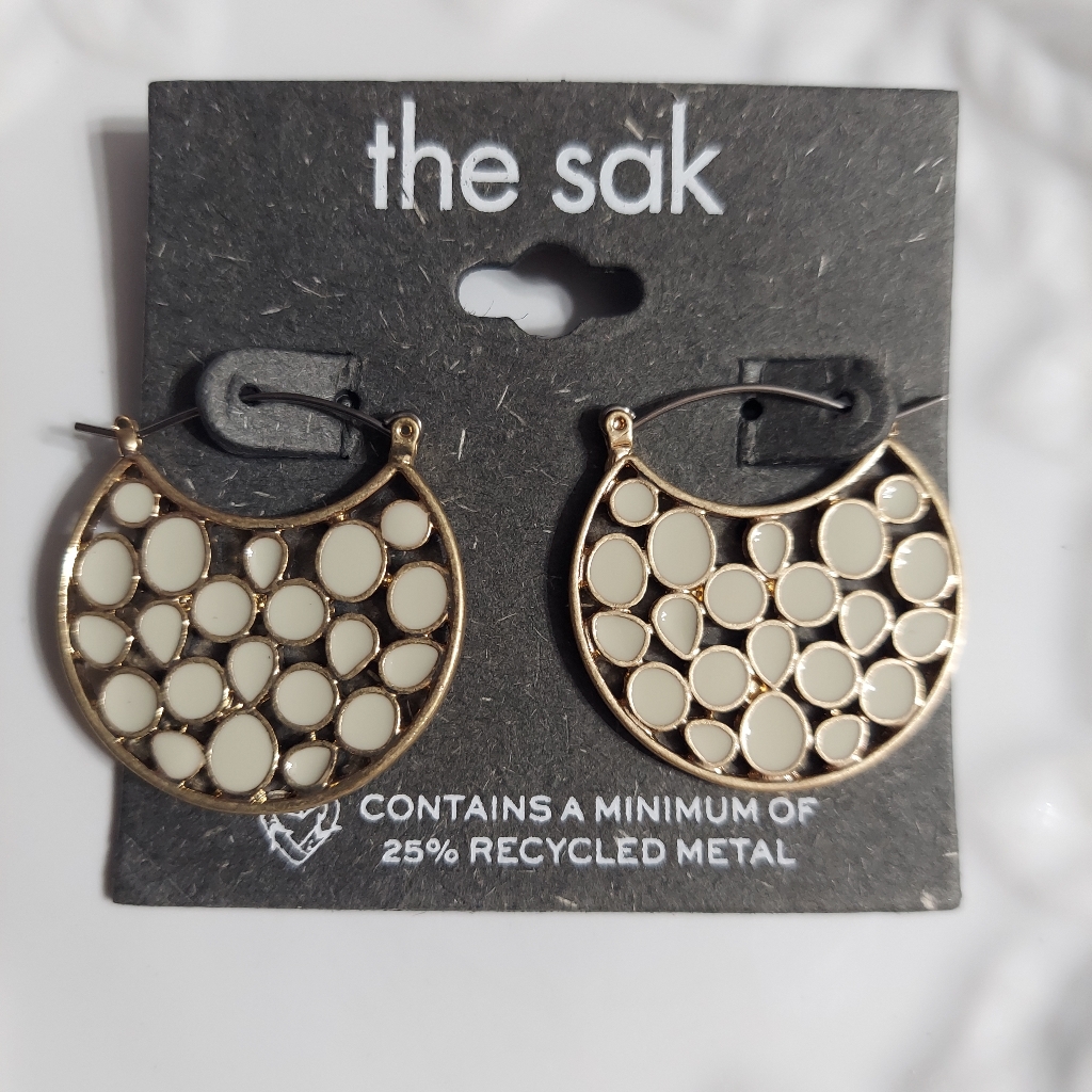 'The Sak' Polished Gold Tone/Bubble Cream Enamel Round Hoop Earrings